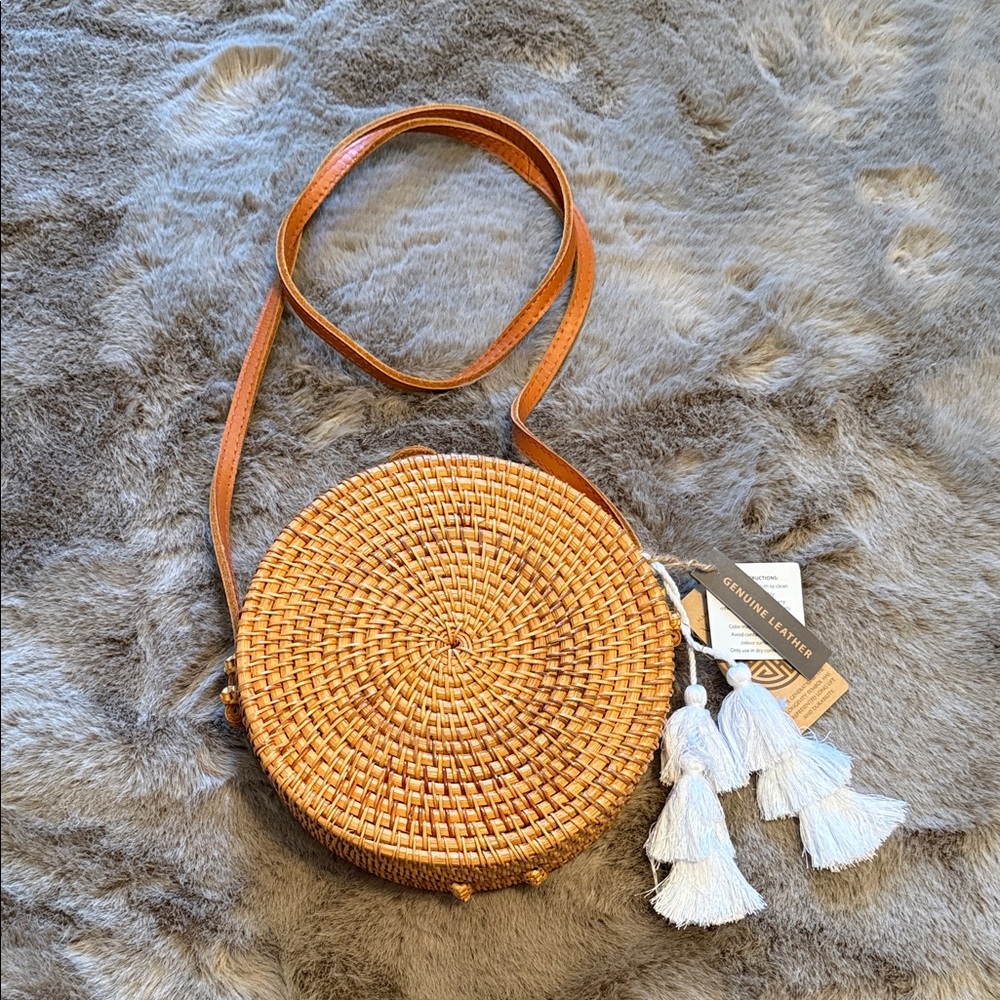 Round Woven Bag with Tassels